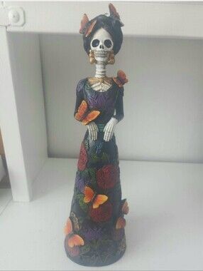 Day of the Dead Skeleton Lady Figurine Black w/ Multicolor Flowers & Butterflys